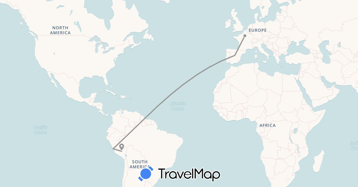 TravelMap itinerary: driving, plane in Spain, France, Peru (Europe, South America)